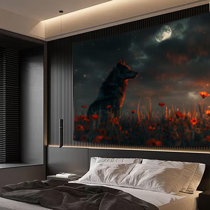 2D Night Wolf & Red Poppies Tapestry, Moonlit Starry Sky Wall Hanging for Dorm Bedroom