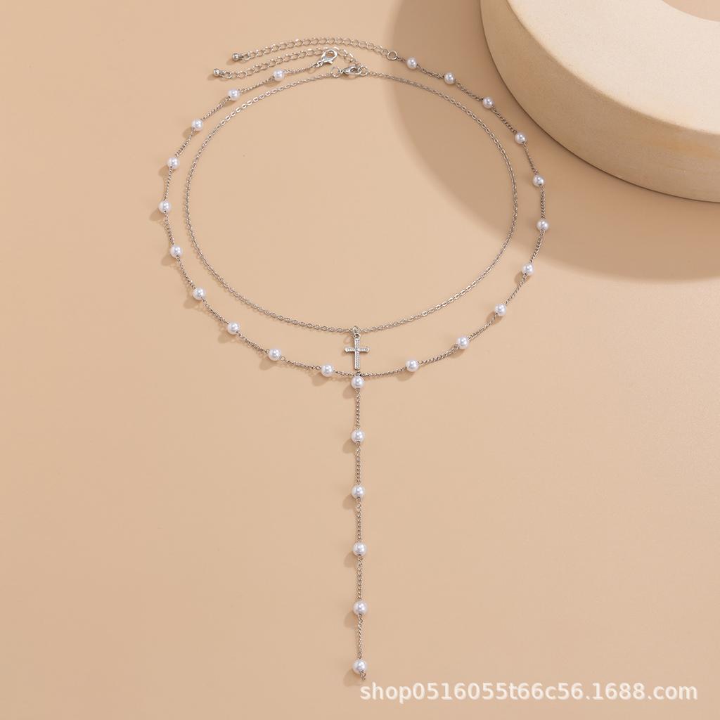 European and American temperament imitation pearl chain long fringed necklace simple ins style cross pendant collarbone chain