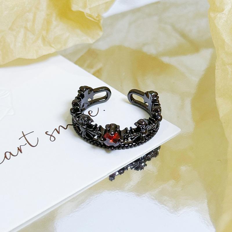 Dark Stacked Wearing Personalized Thorn Open Ring Niche Design Red Zircon Retro Punk Fashion Index Finger Ring Woman