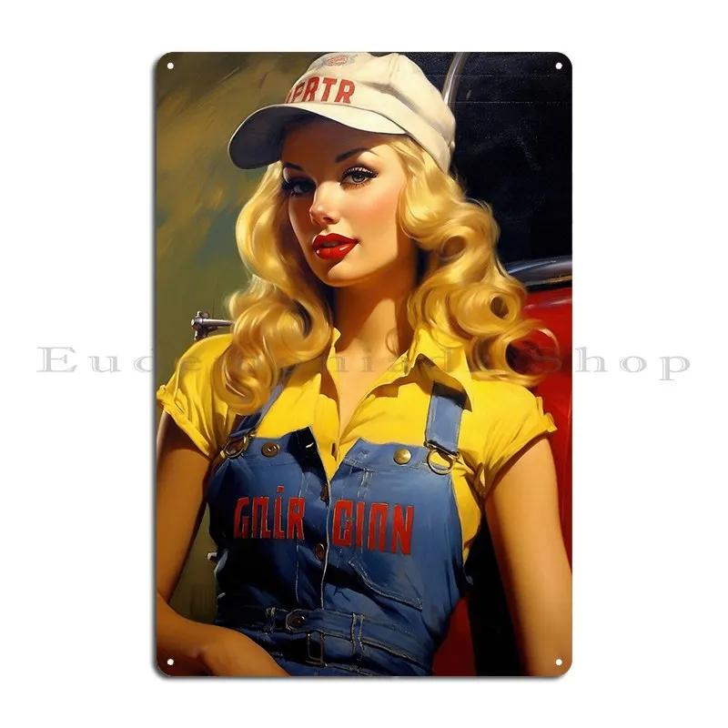 Vintage Pin Up Mechanic Girl Metal Sign Rusty Plaques Custom Kitchen Customized Tin Sign Poster