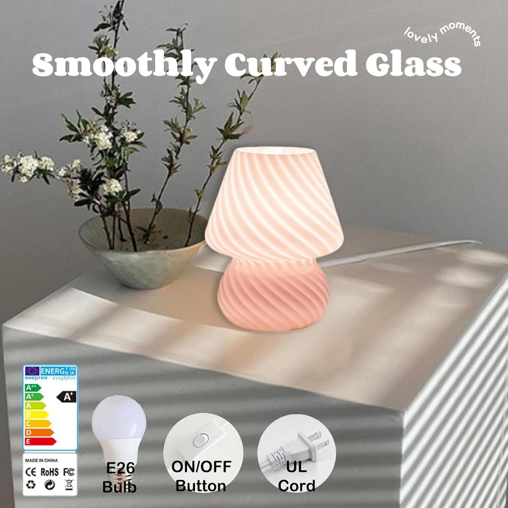 Pink Mushroom Lamp,Small Glass Table Lamp/Accent Lamp/Cute Desk Lamp for Bedroom Bedside Nightstand,3000K Soft Glow Warm Lighting,Trendy Fun Mini