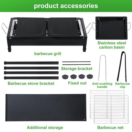 Langer Grill Holzkohle Großer BBQ Grill Klappbare Seitenablage Camping Grill für Garten Hinterhof Party Picknick Kochen (47.28x25.61x25.61 Zoll)