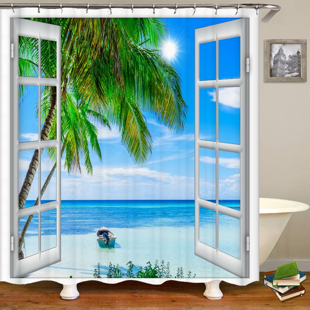 Bathroom Waterproof Shower Curtain Sunset Dusk Beach Scenery Seaside Printing Polyester Home Decoration Curtain With Hook