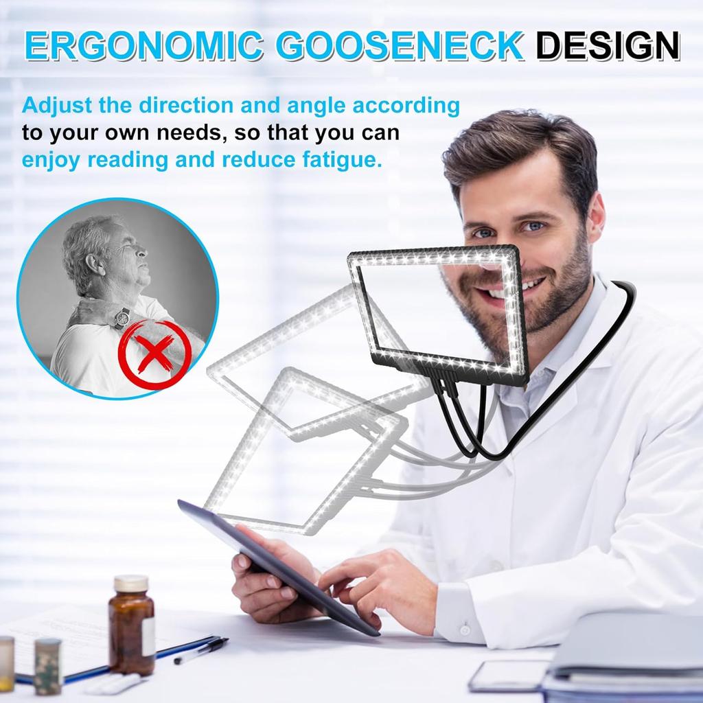 5X Hands Free Magnifying Glass with Light 43 Ultra-Bright LEDs, Large Page Magnifier for Reading, Flexible Gooseneck Magnifier for Neck Wear Repair
