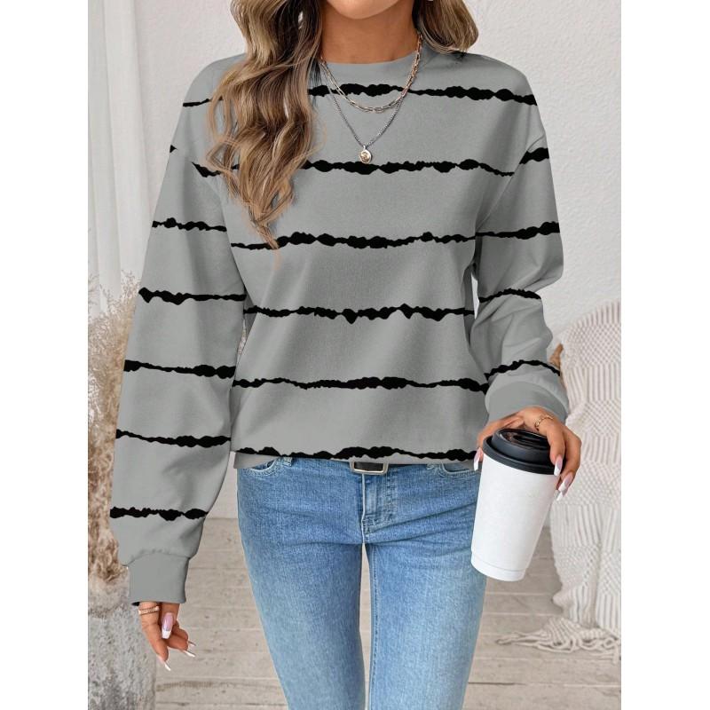 Womens Casual Striped Print Hoodie-Free Sweatshirt Loose Fit Round Neck Long Sleeve Top 2025