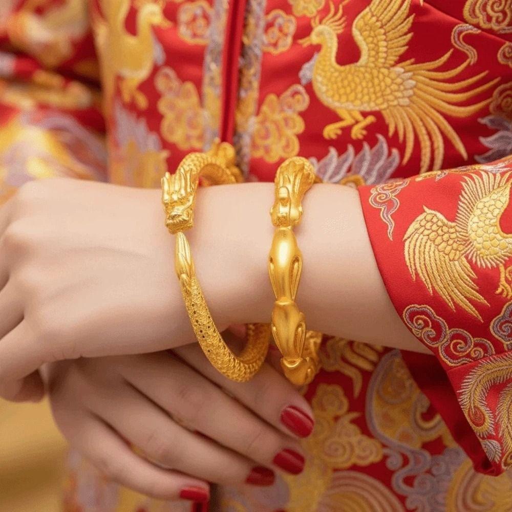 Armlet Dragon and Phoenix Bracelets Zinc Zinc Alloy Bride Wrist Jewelry Chinese Style Golden Bangle  Daily