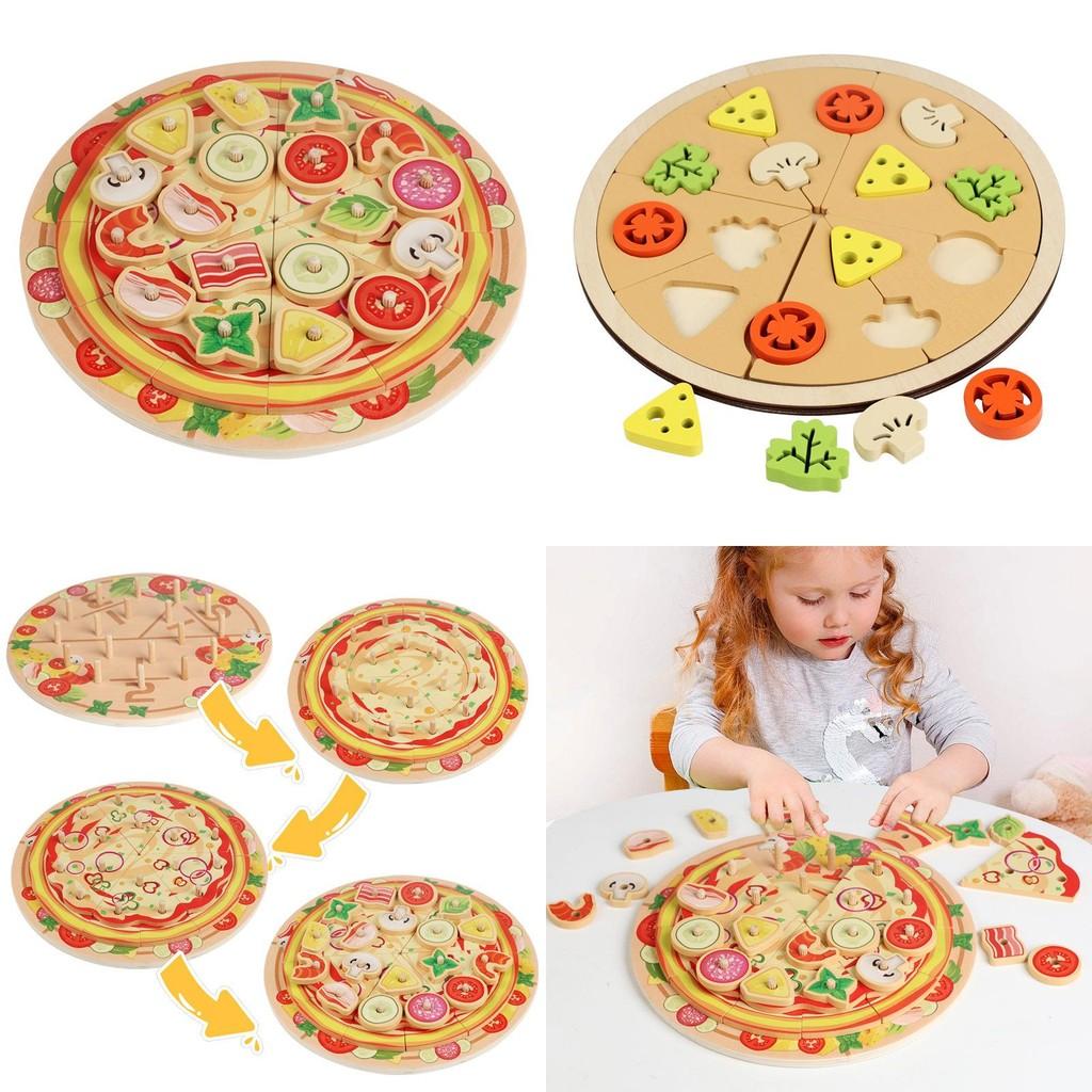 Jeu éducatif interactif pour parents et enfants, jouet à empiler en bois multicouche en forme de pizza pour enfants
