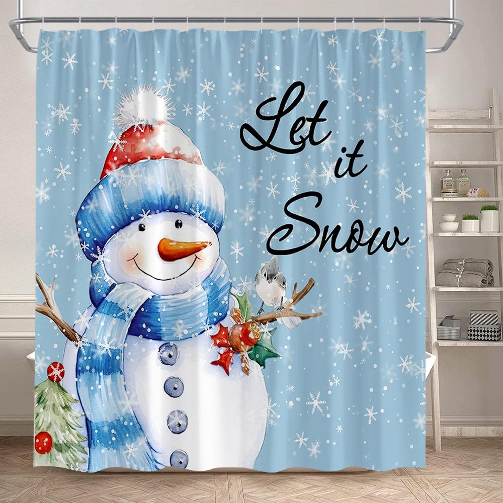 Winter Christmas Shower Curtains Funny Santa Claus Reindeer Snowman Red Xmas Balls Snow Home Bathroom Curtain Decor With Hooks