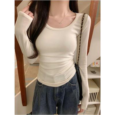 Women's Black U-Neck Slim Fit Long Sleeve Casual Base Layer T-Shirt - Spring/Autumn Style