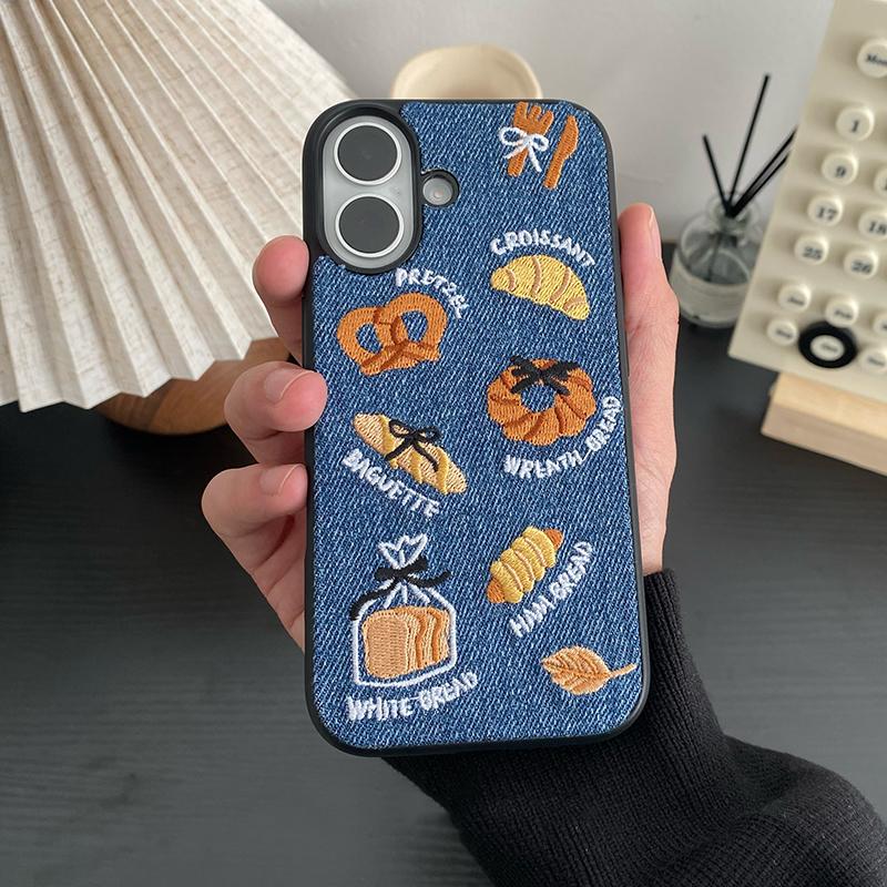 Retro Denim Embrpoidery Bread Toast Warm Fabric Phone Case For iPhone 17 Air 16 15 14 13 Pro Max Lovely Back Cover