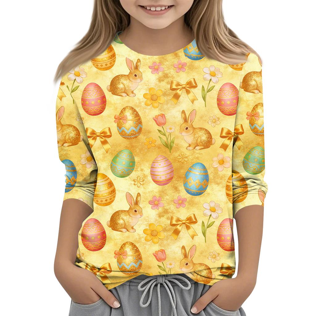 Children's Seven Quarter Sleeve Easter Print Round Neck Print Casual Top