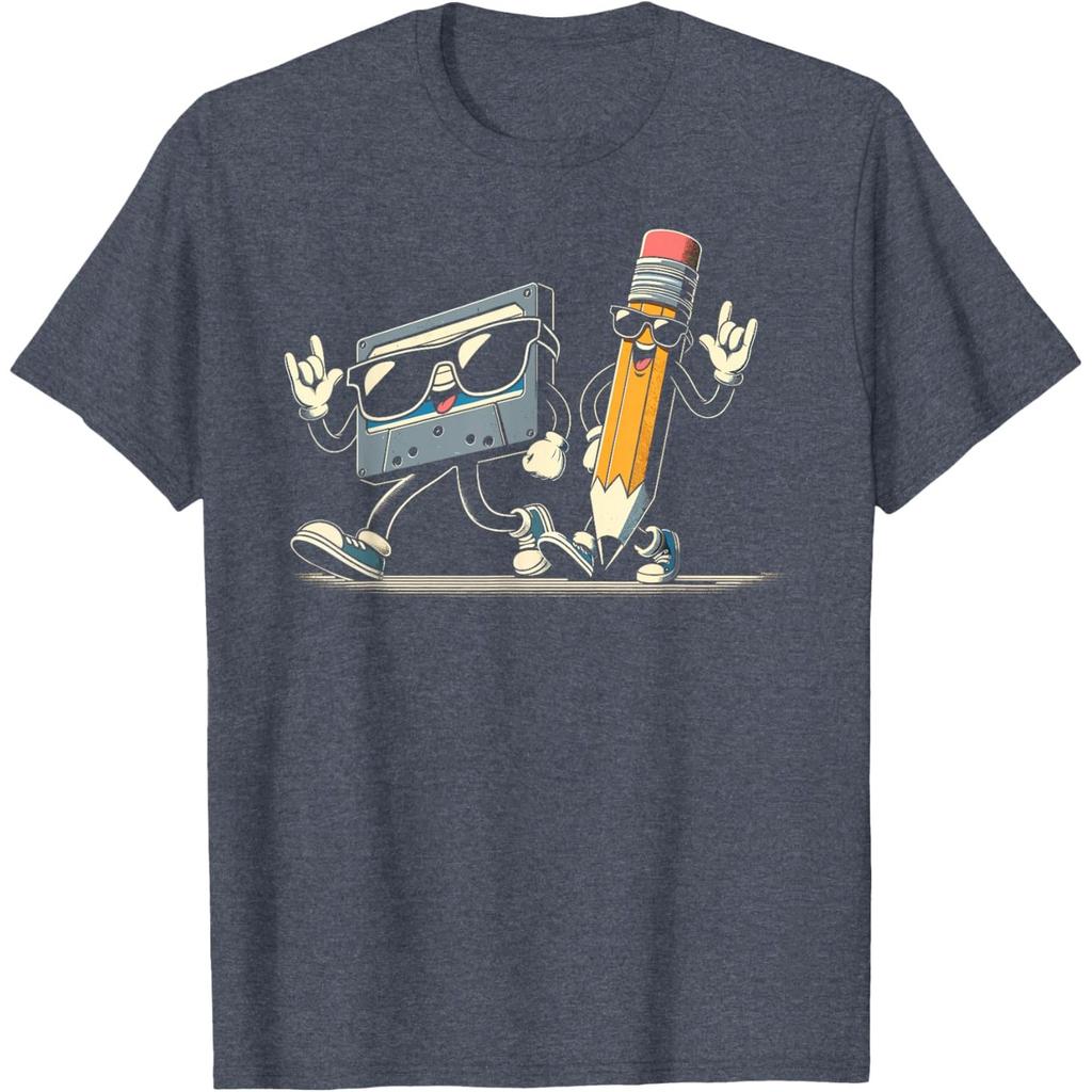 Retro Cassette Tape Pencil Funny Graphic Tee for Men Casual 80s 90s Style Cotton T-Shirt