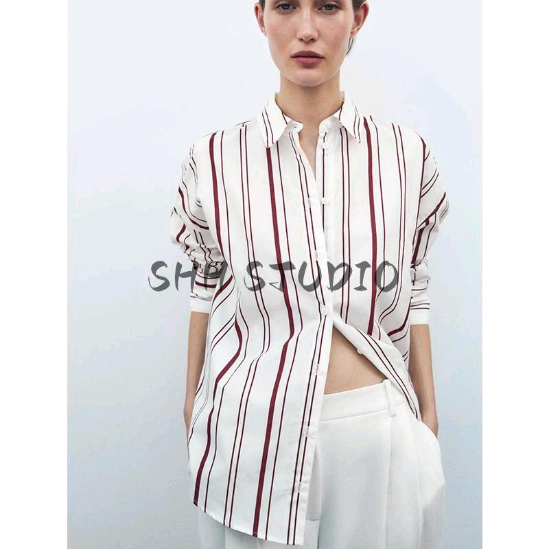 Spring New Women's Clothing Lapel Long Sleeves Loose Poplin Stripes Shirt 2262115 2262116