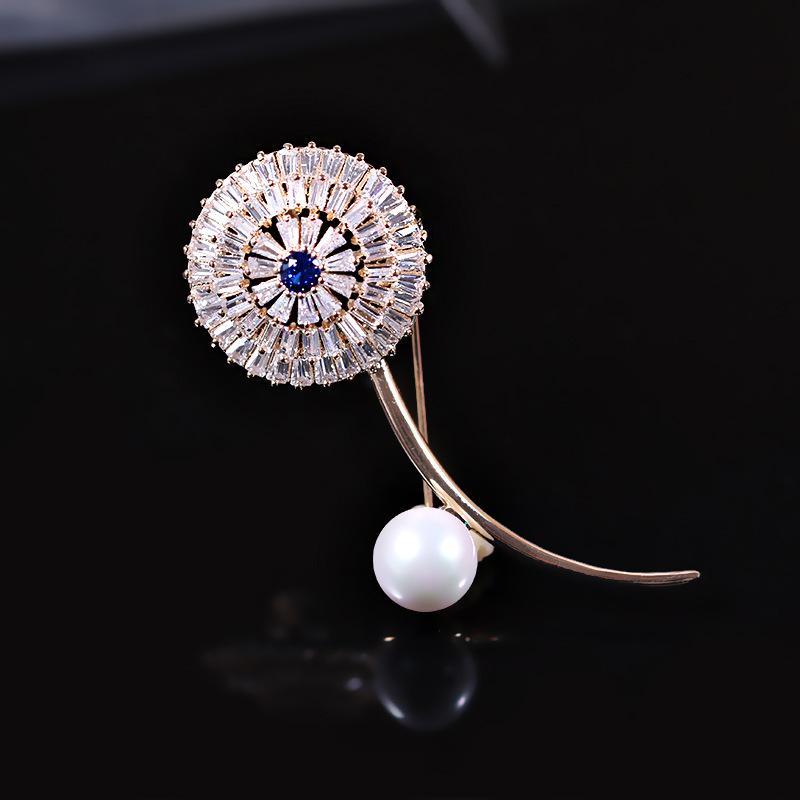 Korean Style Zircon Dandelion Pearl Brooch - Luxury Fashion Accessory