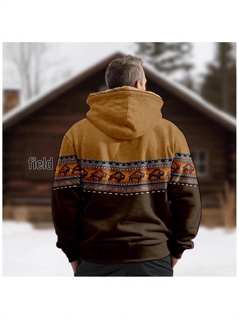 Retro Męska Zimowa Kurtka Bawełniana z Podszewką z Polarowego Materiału z Kapturem i Zamkiem Błyskawicznym