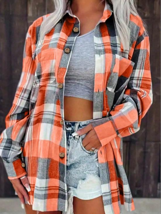 2024 Women's Pink Plaid Loose Long Sleeve Shirt Jacket