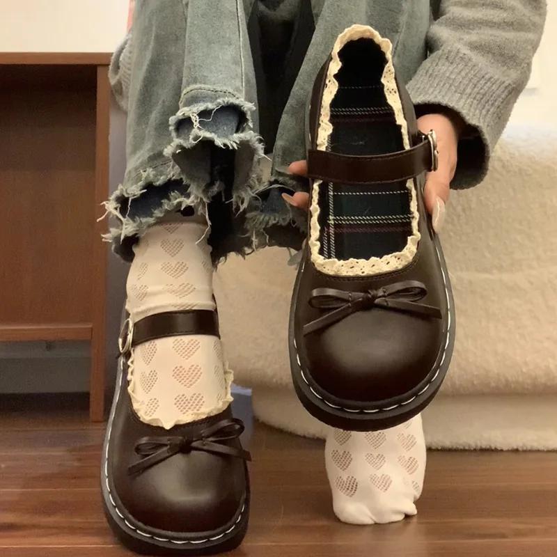 

Туфли Лолита с бантом-бабочкой Женские кожаные туфли с неглубоким круглым носком Женские лаконичные туфли Мэри Джейн в уличном стиле для колледжа 35 коричневый