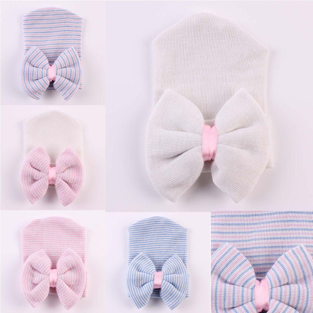 0-6 Months Newborn Baby Hats Cotton Beanie with Bow Soft Knit Tire Striped Infant Caps Toddlers Bebe Photography Hats