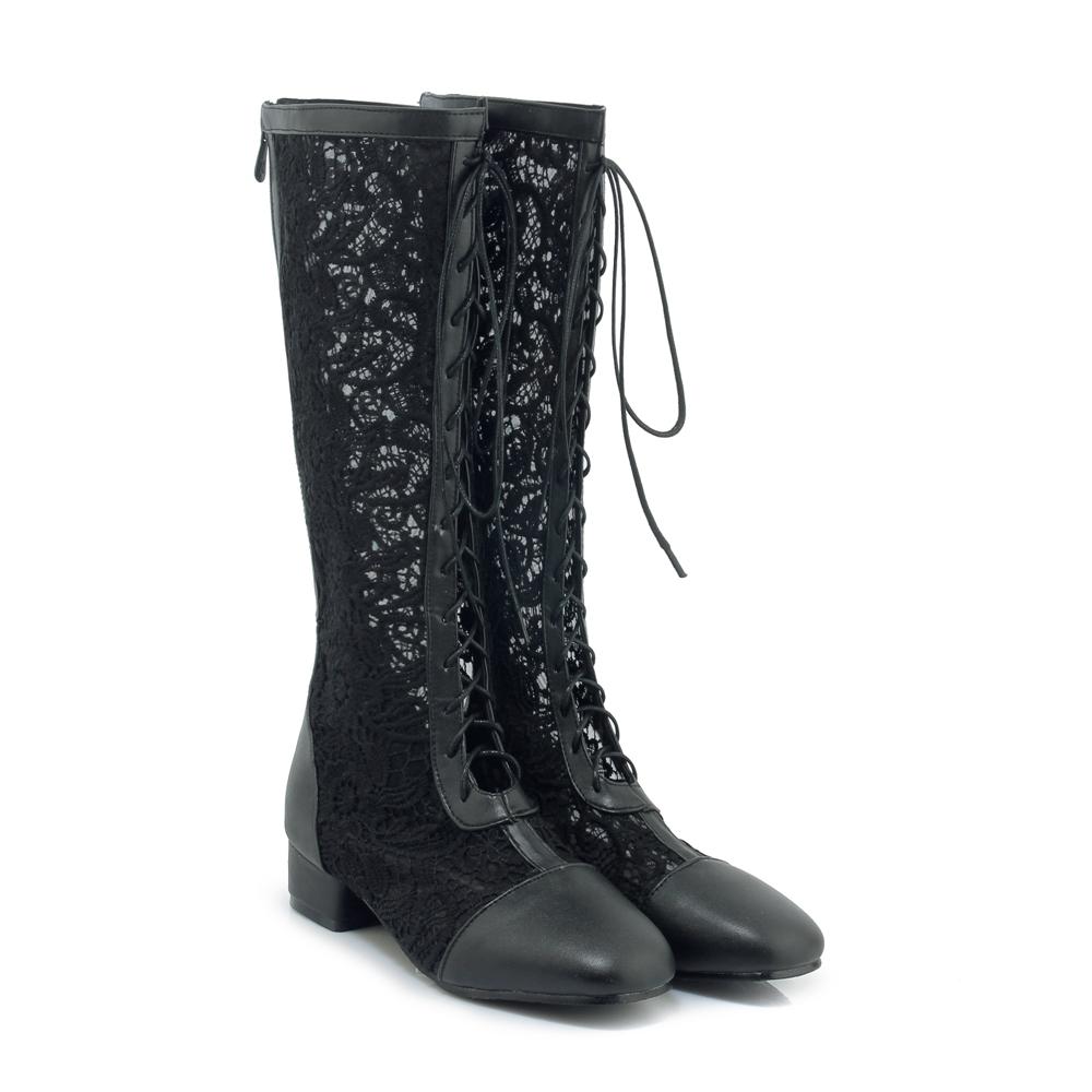 

Summer Boots for Women 2025 Knee High Lace Mesh Sandals Booties Lace Up Closed Toe Low Heels Shoes 43 чёрный