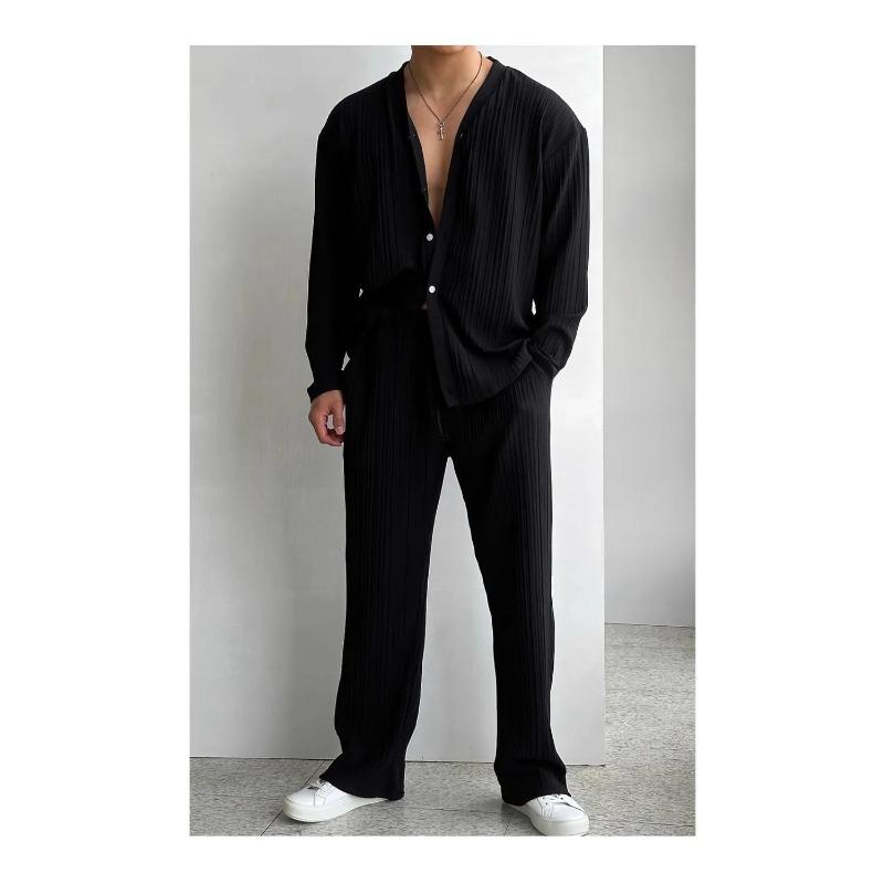 

Thin Solid Color Sexy Deep V Cardigan Knitted Sweater Shirt Casual Fashion Suit Two-piece Sets for Men S чорний