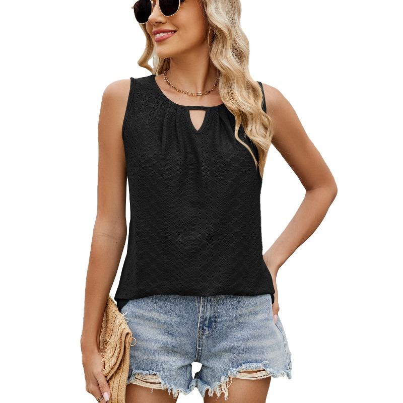Women's New Spring and Summer Round Neck Hollow Pleated Vest Sleeveless Top T-shirt