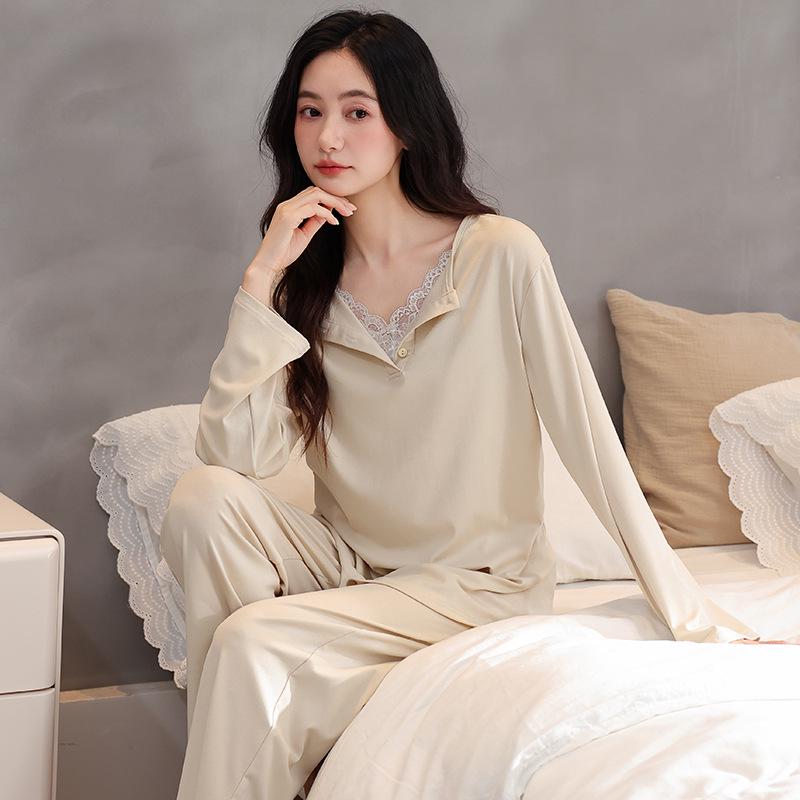 Women's Autumn Cotton Pajama Set with Chest Pad - Long Sleeve, Long Pants, Sporty Outdoor Homewear