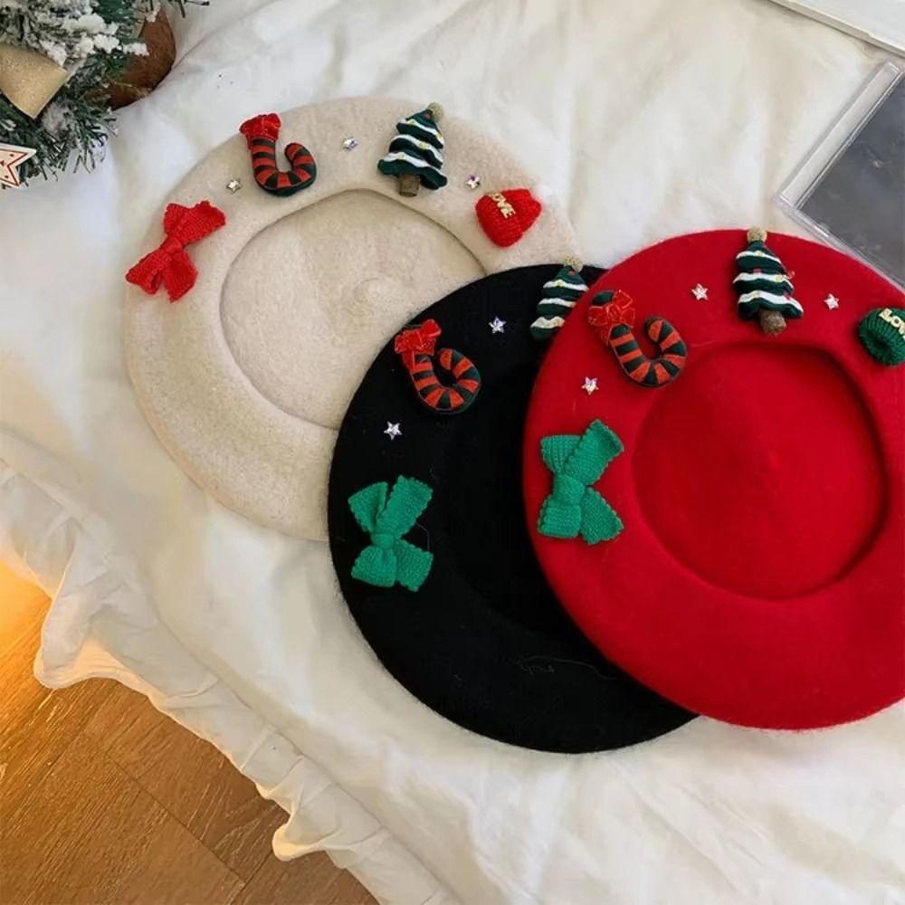 Red Green Christmas Beret Cap Sweet Xmas Painter Hat Fashion Christmas Beret Hat  Women