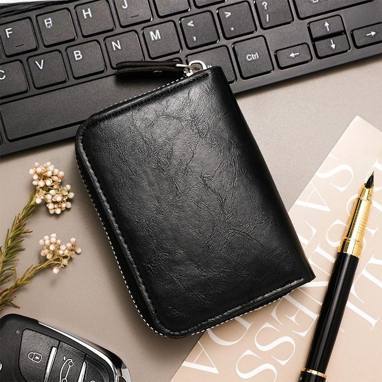 Men RFID Blocking Credit Card Holder Wallet, Genuine Leather Zipper Card Case, Accordion Card Organizer Coin Purse