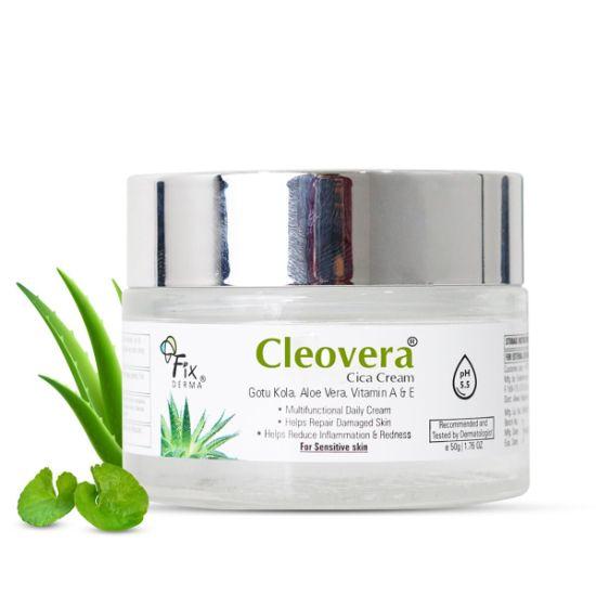 Fixderma Cleovera Cica Crema per il Viso con Gotu Kola, Aloe Vera, Vitamina A & E | Crema Viso Riparatrice per la Pelle Danneggiata - 50g