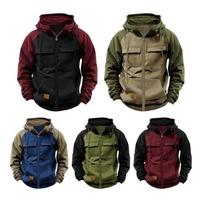 Fall Winter Men Hoodie Zipper Closure Elastic Cuff Retro Multi Pockets Cargo Style Warm Cardigan Coat Mid Length Hip Hop Contrast Color Top