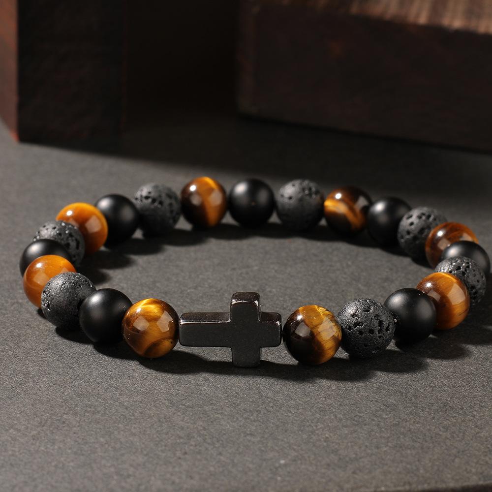 Tiger Eye Lava Rock And Matte Onyx Beaded Bracelet With Black Cross Charm Religious Fashion Jewelry For Men Daily Wear Simple Versatile Accessory