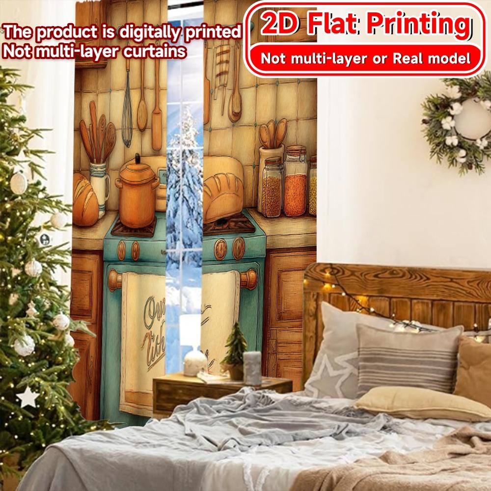 2D FLAT PRINTING 2pcs Curtains (Without Rod) Cozy Kitchen Decor New year holiday curtains with digital printing Machine Washable
