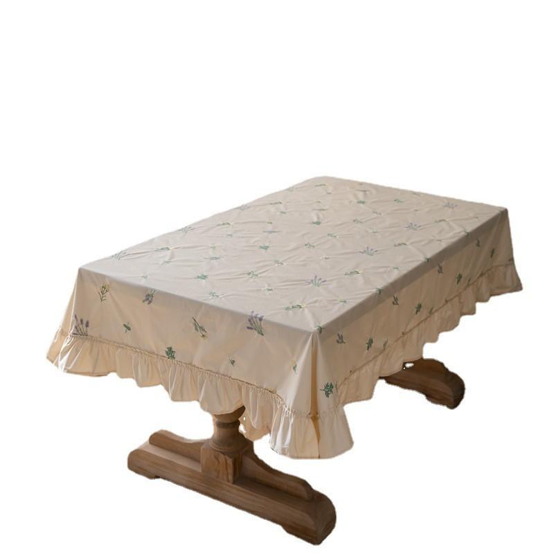 Light Luxury Cotton Round Tablecloth Embroidered Floral Plant Pleated Ruffle Table Cover Dining Room
