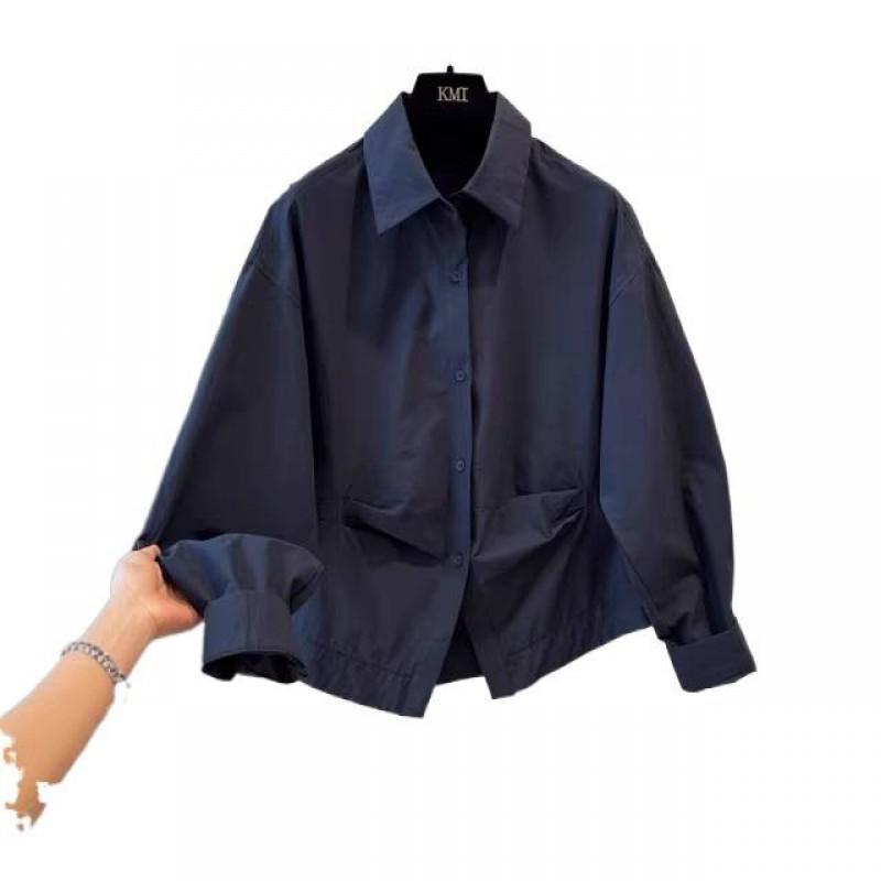 Womens Cotton Wrinkle Detail Relaxed Fit Shirt With Pointed Collar Loose Long Sleeve Top 2026
