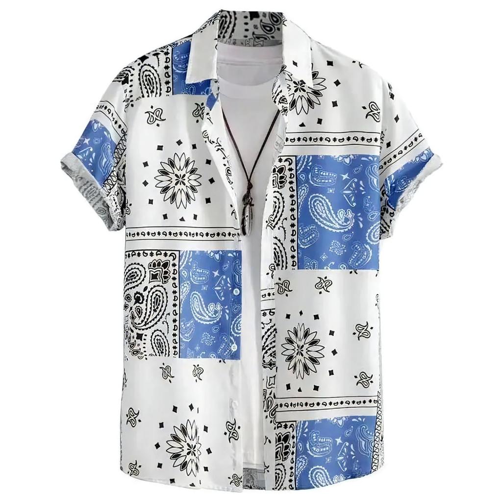 Short Sleeve Plus Bandana Paisley Open Loose American Short Korean Street Sizes Lightweight White X-cross Men's Shirt, Size, Casual, Stylish, Summer,