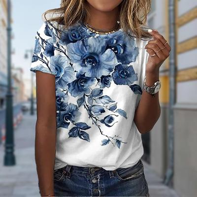 T-shirt d'été pour femmes Tendance Imprimé floral Mode rétro Manches courtes T-shirts Décontracté Hauts Imprimés