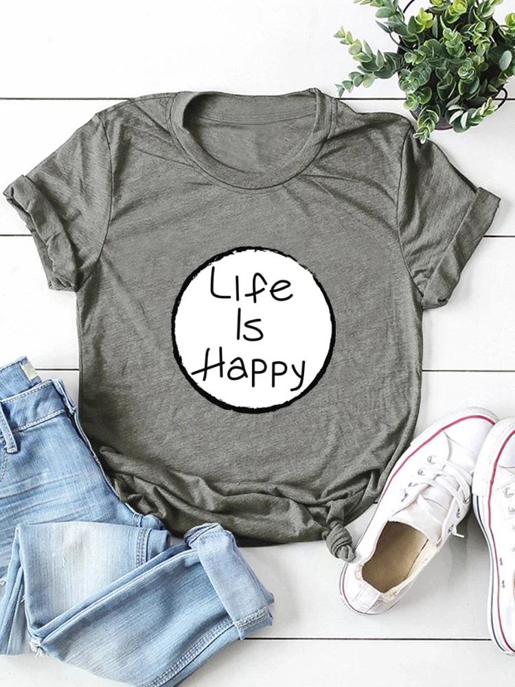 Life Is Happy Circle Print Women T Shirt Short Sleeve O Neck Loose Women Tshirt Ladies Tee Shirt Tops Clothes Camisetas Mujer