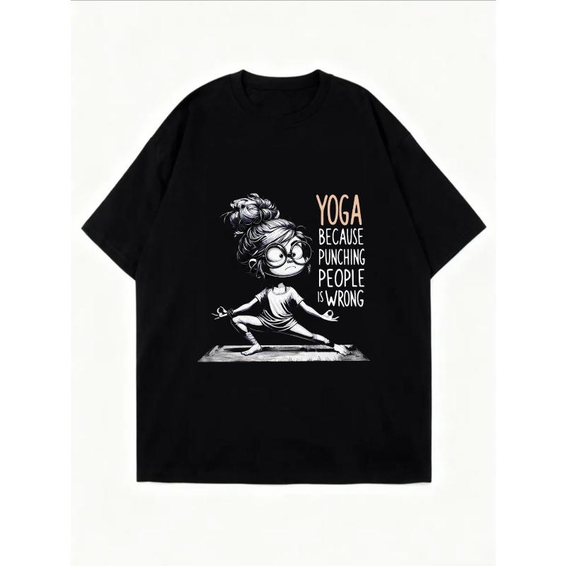 Weißes Oversize-T-Shirt Mit Yoga-Cartoon-Mädchen Und Text Because Punching People Is Wrong Aufdruck Für Freizeitkleidung Und Yoga-Praxis