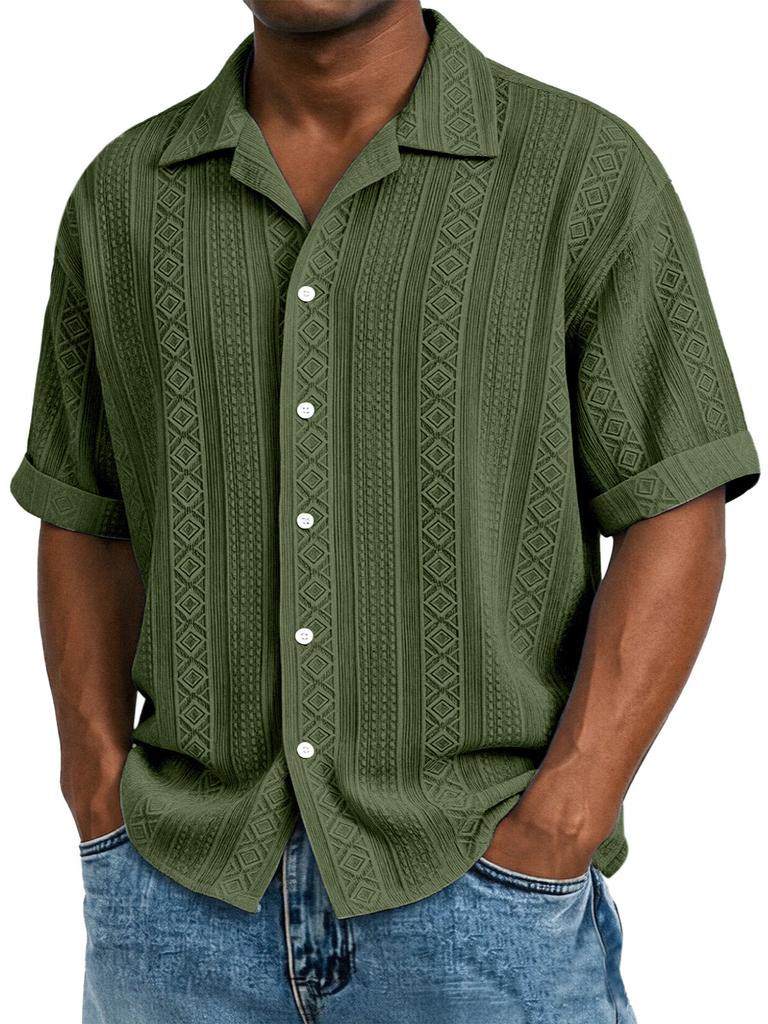 Mens Jacquard Short Sleeve Casual Loose Lapel Solid Vacation Beach Shirt