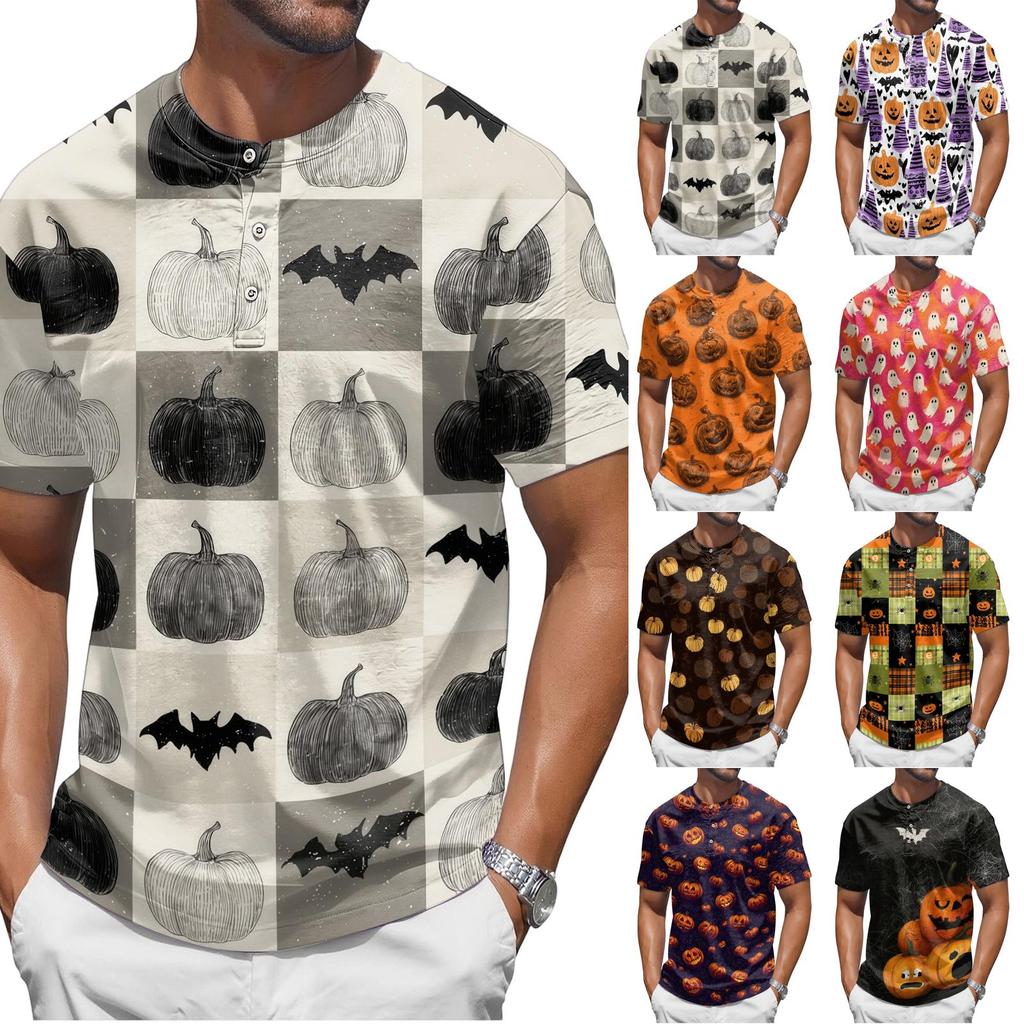Men's Halloween Print Short Sleeve Henley Shirt Casual Round Neck Tee with Button Detail Suitable for Seasonal Wear