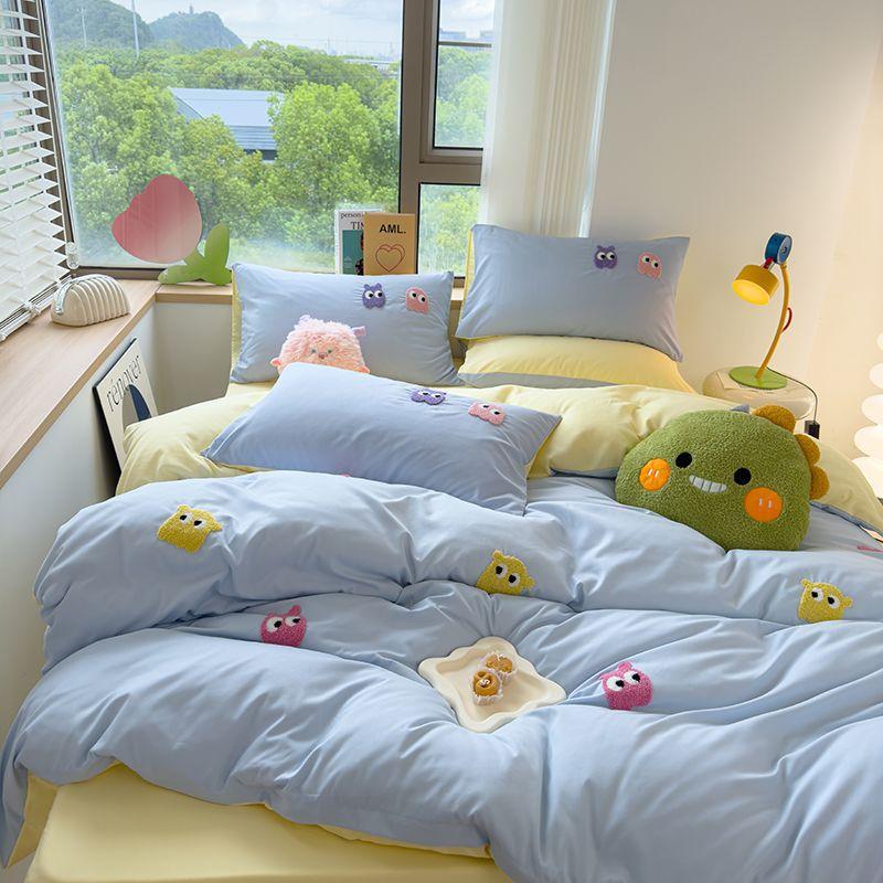Gu Ling Wei Washed Cotton Four-piece Set Cartoon Dopamine Quilt Cover Sheet Dormitory Three-piece Set
