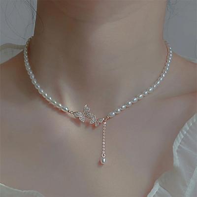 Retro Diamond-encrusted Butterfly Pearl Necklace Sweater Chain, Collarbone Chain, Neck Chain, New Style, Temperament Jewelry Women