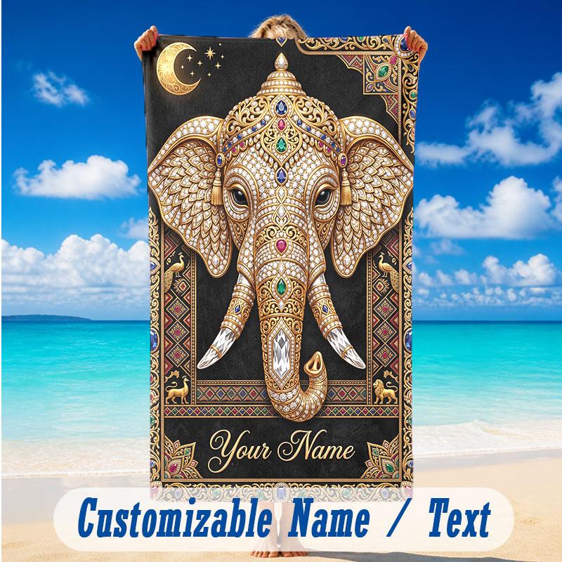 Elephant Theme Beach Towel Personalized Custom Name & Text Soft Quick Dry Beach Towel for Swimming Travel