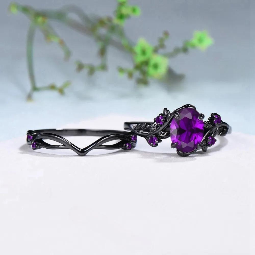 2Pcs/Set Fashion Black Gold Color Purple Rhinestone Zircon Rings For Women Full Crystal Rings Wedding Engagement Gifts