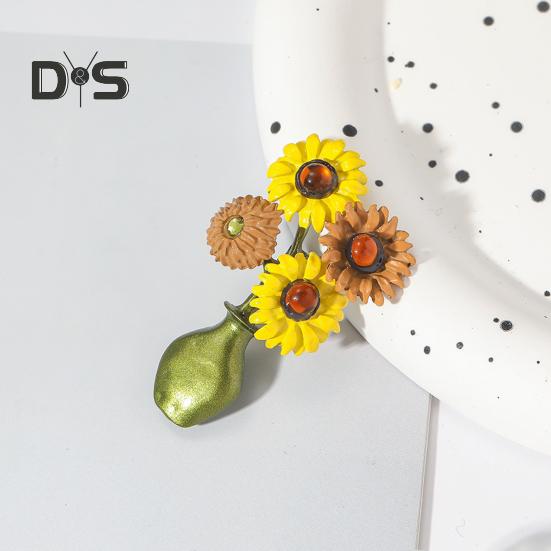 Women Brooch Sunflower Vase Shape Retro Enamel Anti-slip Polished Coat Collar Bag Scarf Hat Decoration Clothes Pin Party Banquet Clothing Jewelrys