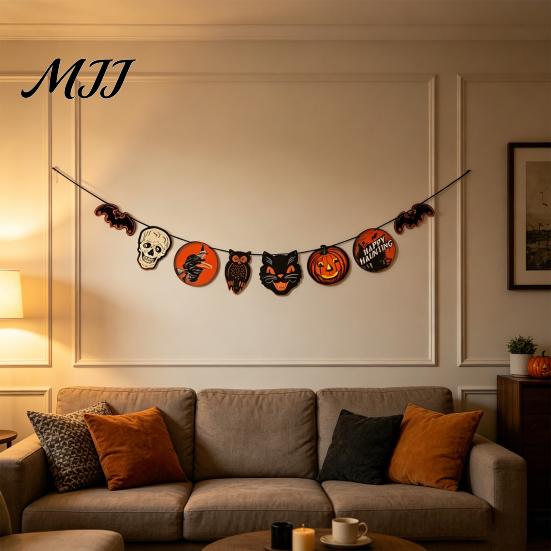Durable Halloween Decoration Vintage Garland Decorations Spooky Wooden Pumpkin Skull Owl Witch Eco-friendly Banner Bat Hanging Bunting for Party Home