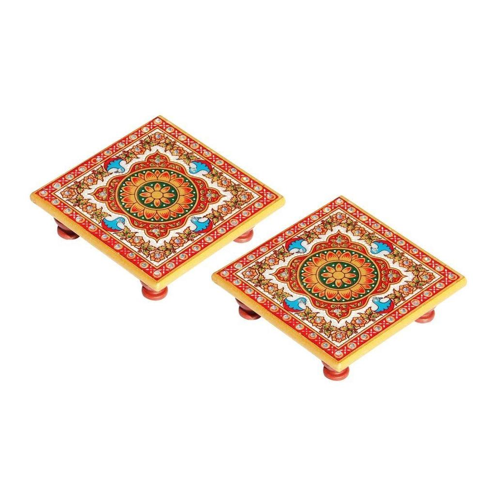 Intrikat Floral Painted Marble Chowki (10,2 cm x 10,2 cm x 2,55 cm, sett med 2, flerfarget)