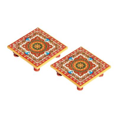 Intricate Floral Painted Marble Chowki (10.2 Cm X 10.2 Cm X 2.55 Cm, Set of 2, Multicolour)