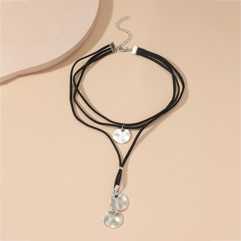 Boho Long Suede Necklace Black Velvet Wrap Necklace Rope Coin Pendant Necklace Choker Vintage Cord Necklace Jewelry for Women