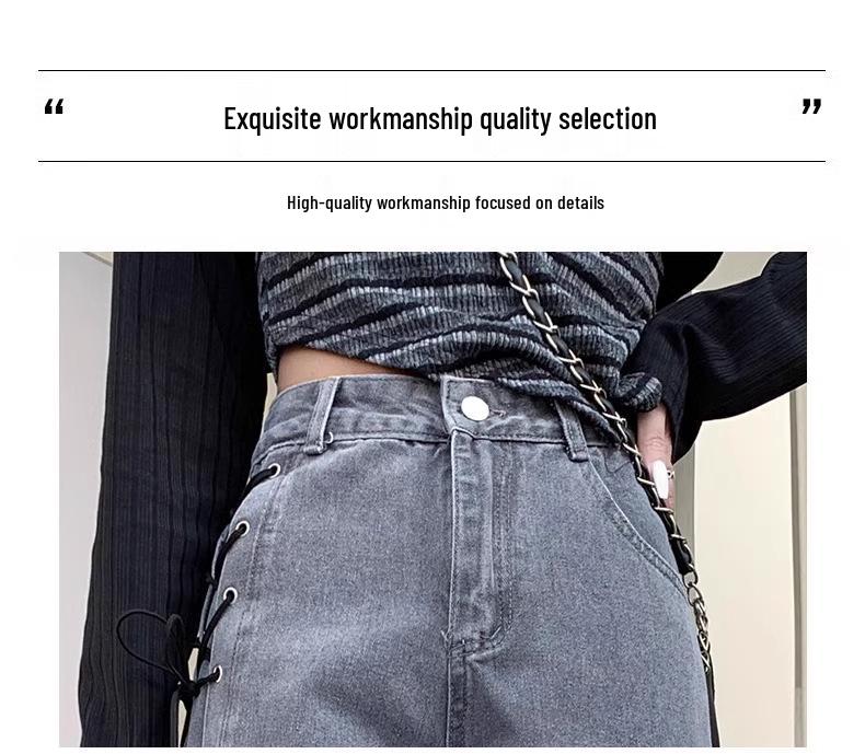 Dámské podzimní korejský styl kouřově šedé džíny s vysokým pasem na zavazování a širokými nohavicemi
